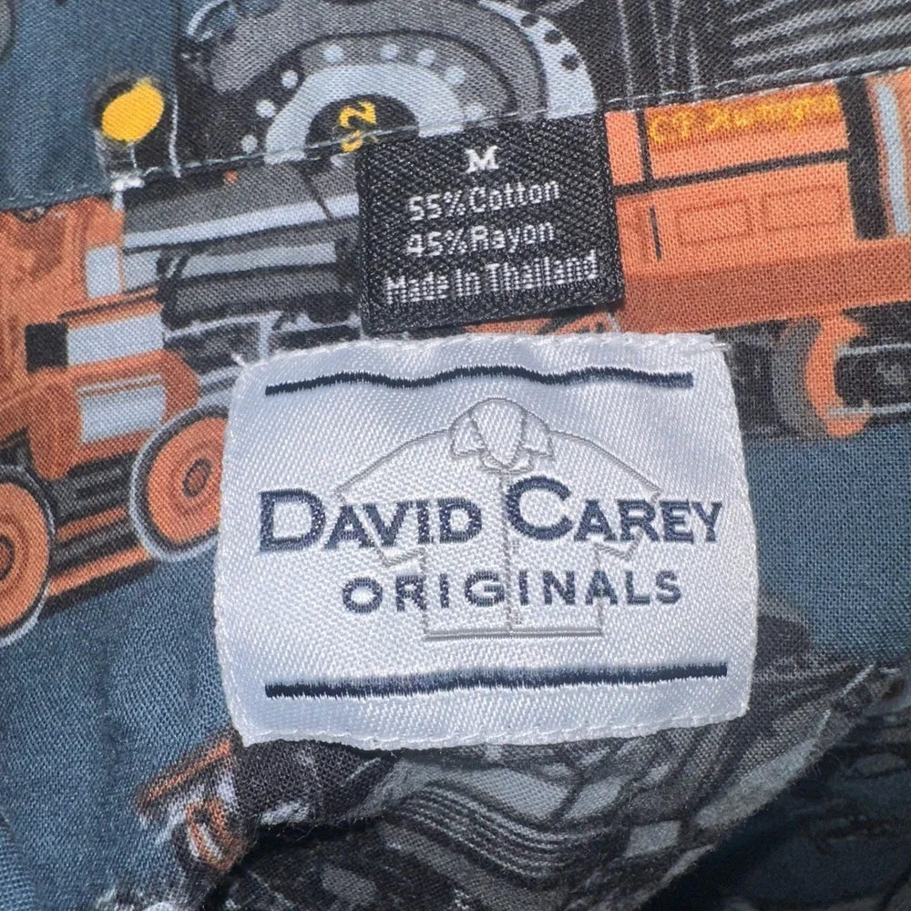 David Carey Originals Mens M Steam Train Locomotive Print Button Down Camp Shirt